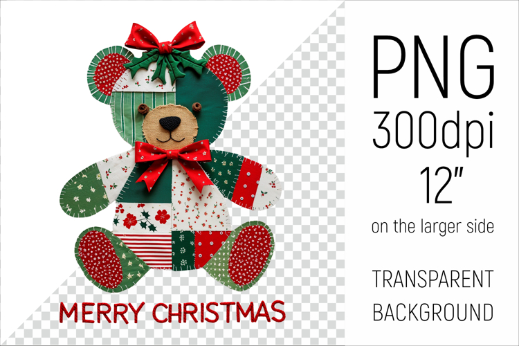 Christmas Patchwork Teddy Bear | Merry Christmas Clipart