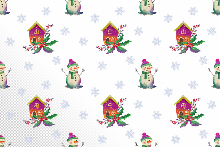 Christmas Seamless Pattern with Snowman and Houses PNG