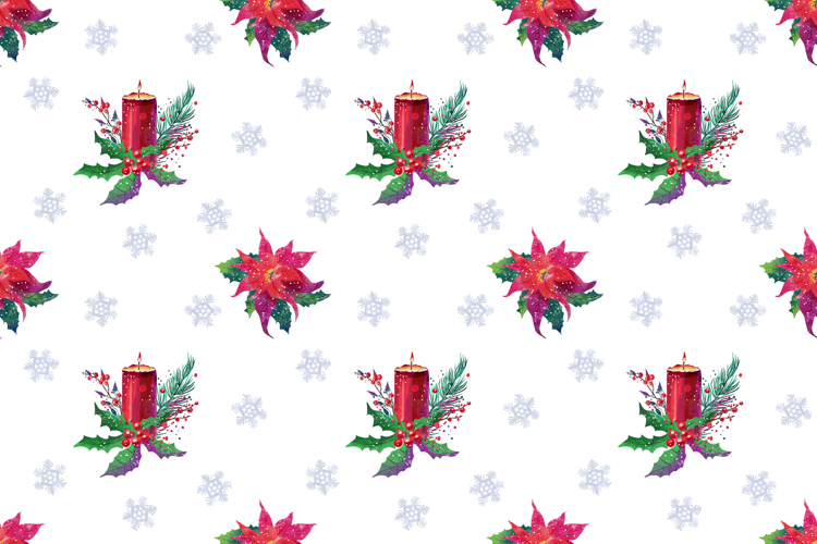 Christmas Seamless Pattern with Candle and Poinsettia PNG