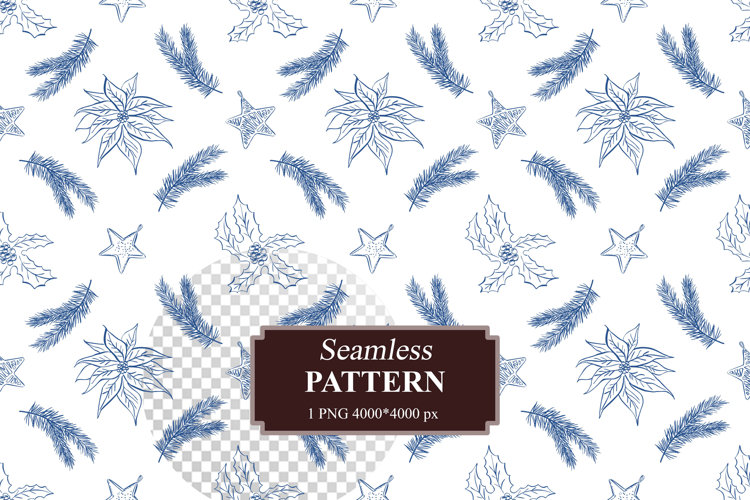 Christmas Seamless Pattern with Pine Branch and Poinsettia