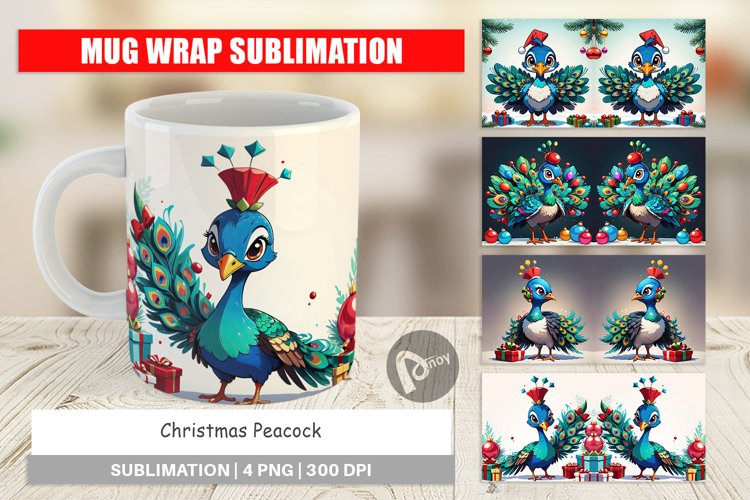Mug Wrap Design Cartoon Christmas Peacock