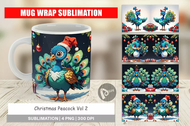 Mug Wrap Design Cartoon Christmas Peacock