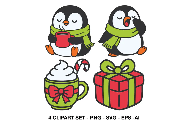 Cute Christmas Penguin Clipart with Cocoa and Gift