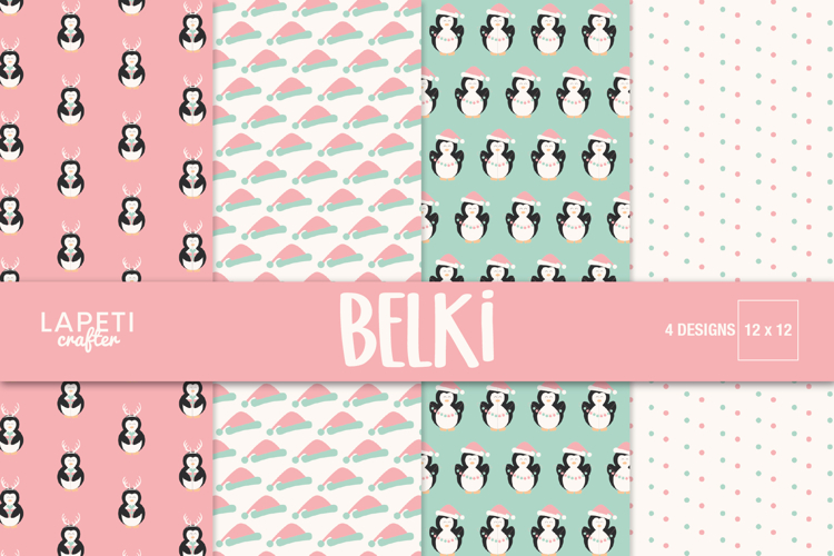 Christmas Penguin Digital Paper, Pastel Scrapbook Patterns