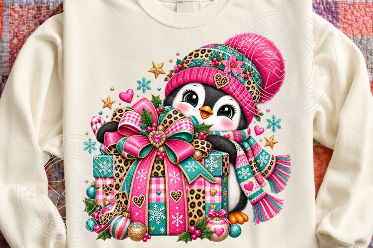 Christmas Penguin Gift , Whimsical Holiday Sublimation example image 1