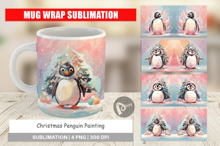 Mug Wrap Design Penguin Christmas Painting