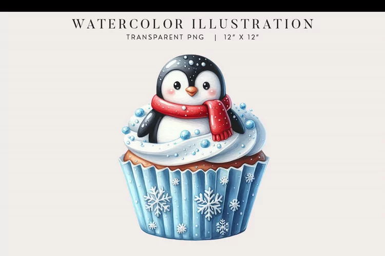 Christmas Penguin Watercolor Cupcake Clipart