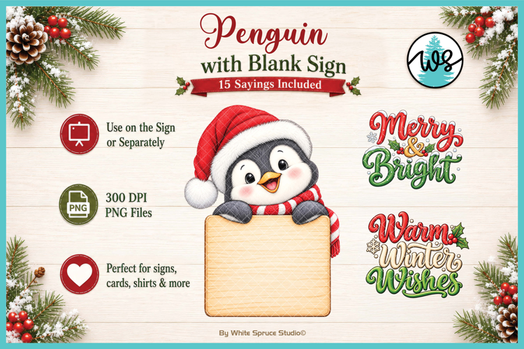 Christmas Penguin with Blank Sign & Christmas Sayings PNG