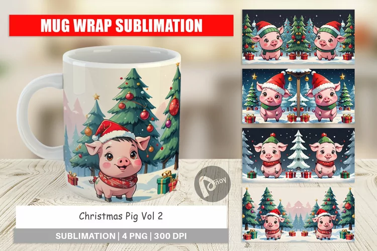 Mug Wrap Design Cartoon Christmas Pig