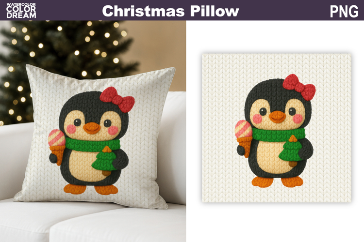Christmas Penguin Crochet Pillow | Knitted Sublimation