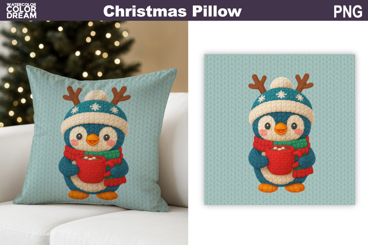 Christmas Penguin Crochet Pillow | Knitted Sublimation
