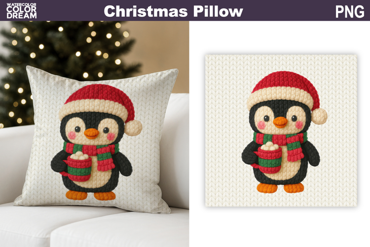 Christmas Penguin Crochet Pillow | Knitted Sublimation