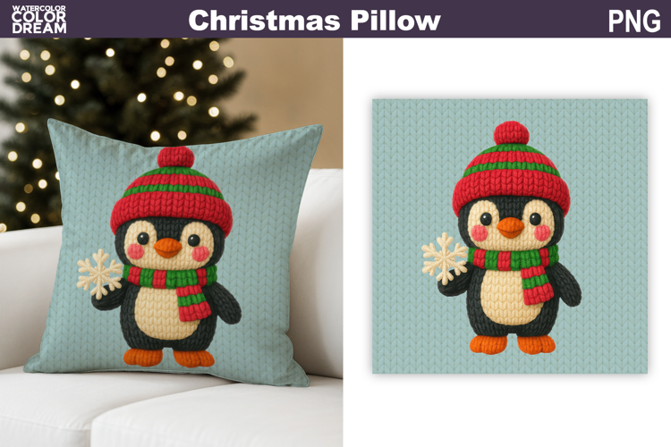 Christmas Penguin Crochet Pillow | Knitted Sublimation