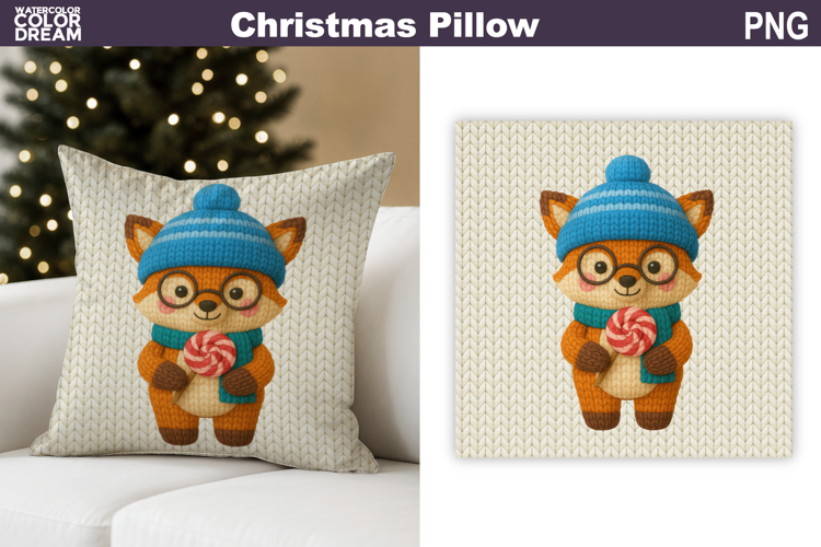 Christmas Fox Crochet Pillow | Knitted Sublimation