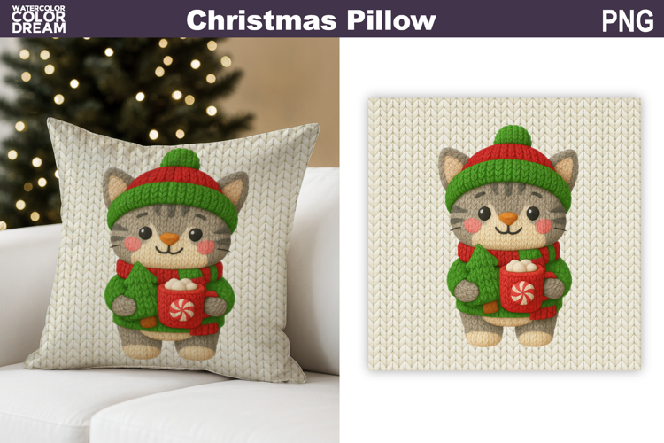 Christmas Cat Crochet Pillow | Knitted Sublimation