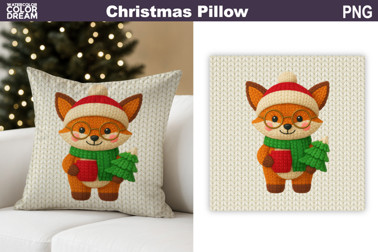Christmas Fox Crochet Pillow | Knitted Sublimation