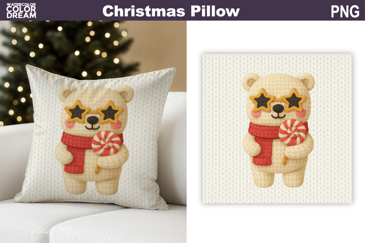 Christmas Bear Crochet Pillow | Knitted Sublimation