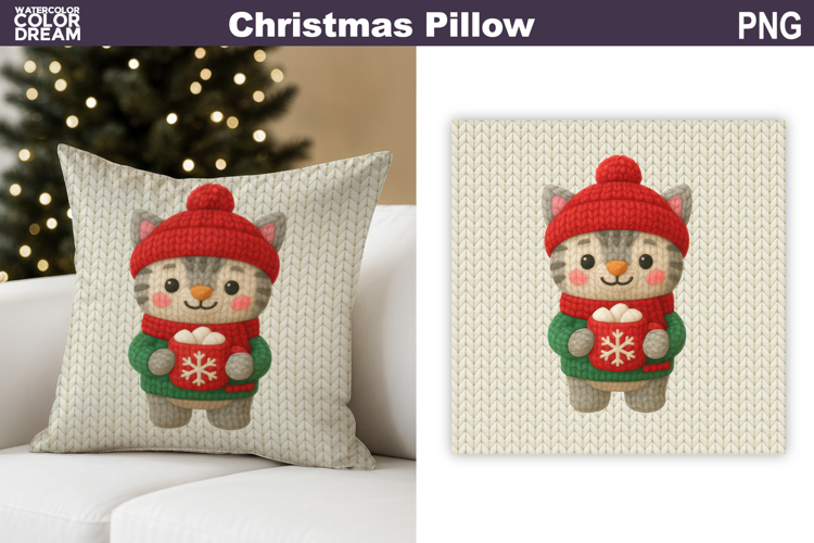 Christmas Cat Crochet Pillow | Knitted Sublimation