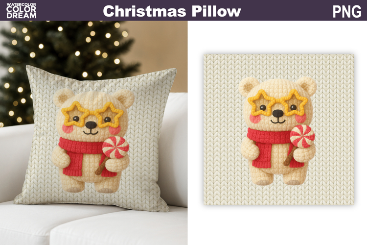 Christmas Bear Crochet Pillow | Knitted Sublimation