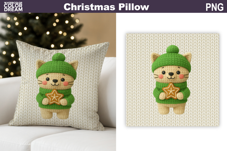 Christmas Cat Crochet Pillow | Knitted Sublimation