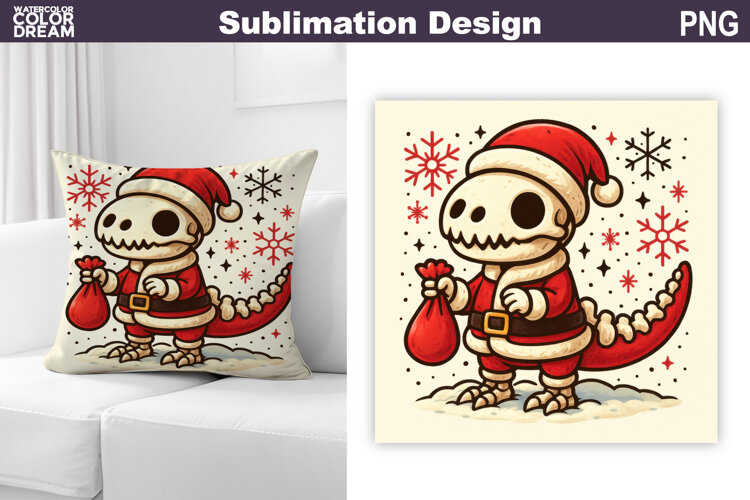 Dino Santa Claus Sublimation | Christmas Dinosaur Pillow example image 1