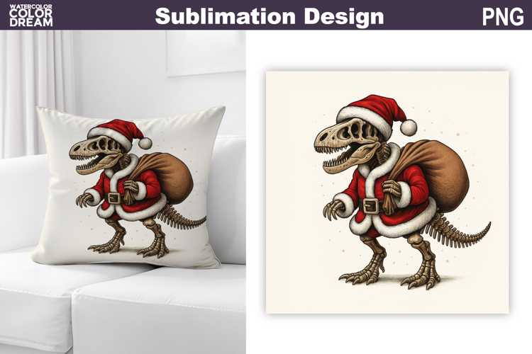 Dino Santa Claus Sublimation | Christmas Dinosaur Pillow