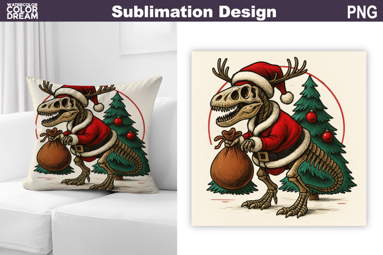 Dino Santa Claus Sublimation | Christmas Dinosaur Pillow