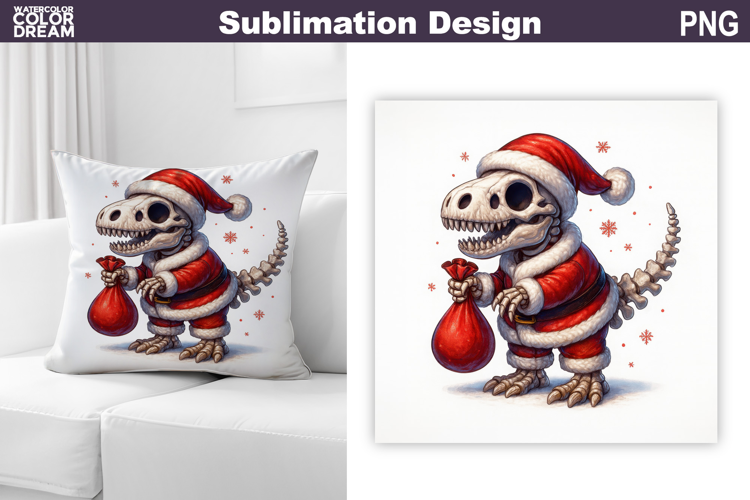 Dino Santa Claus Sublimation | Christmas Dinosaur Pillow