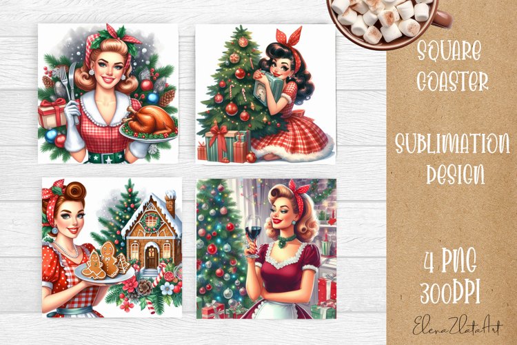 Housewives Christmas Sublimation| pin up girl Square Coaster example image 1