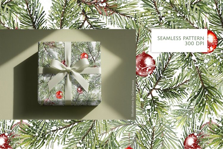 Christmas Pine and Baubles Seamless Pattern example image 1
