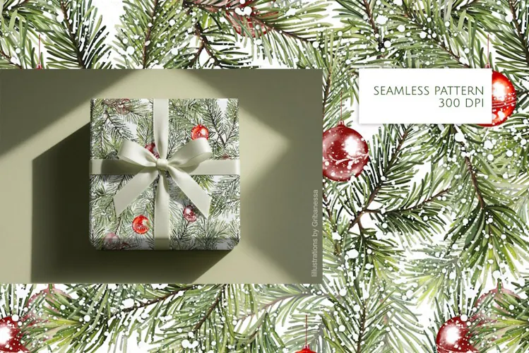Christmas Pine and Baubles Seamless Pattern