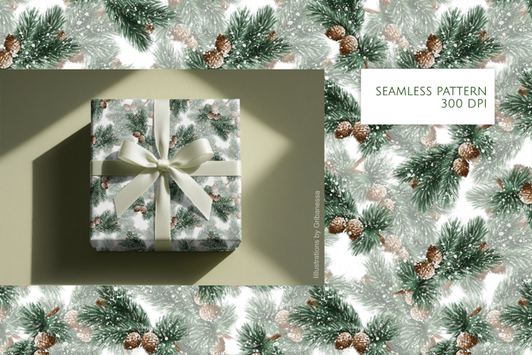 Christmas Pine Branches Seamless Pattern JPEG