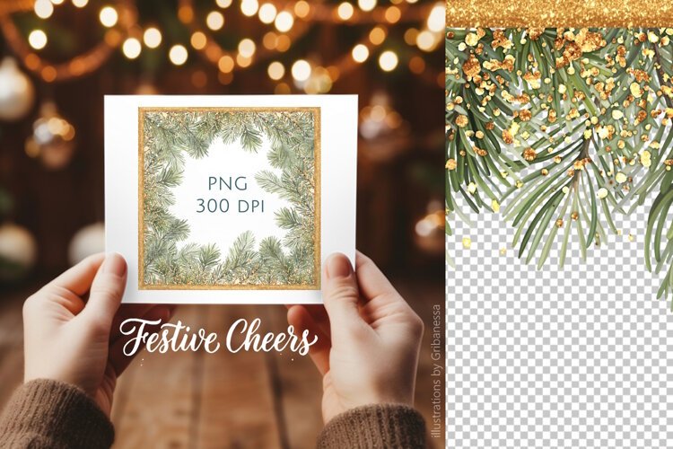 Christmas Pine Glitter Frame PNG example image 1