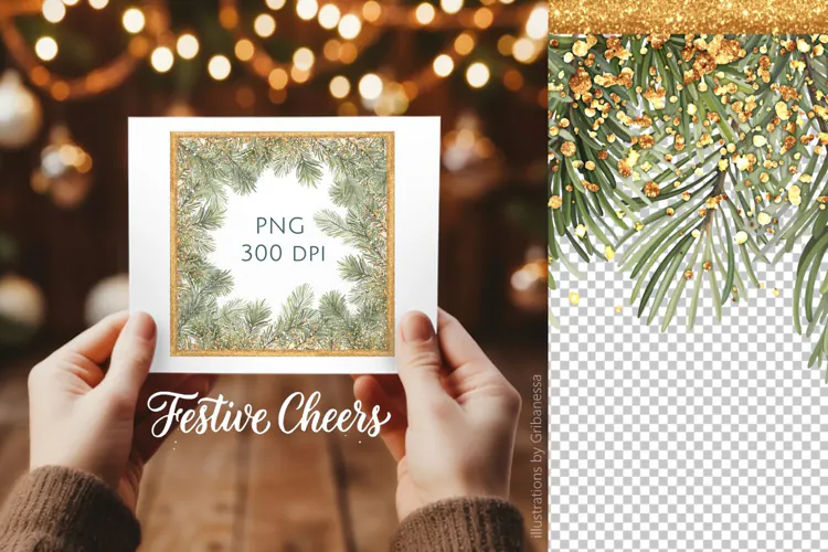 Christmas Pine Glitter Frame PNG