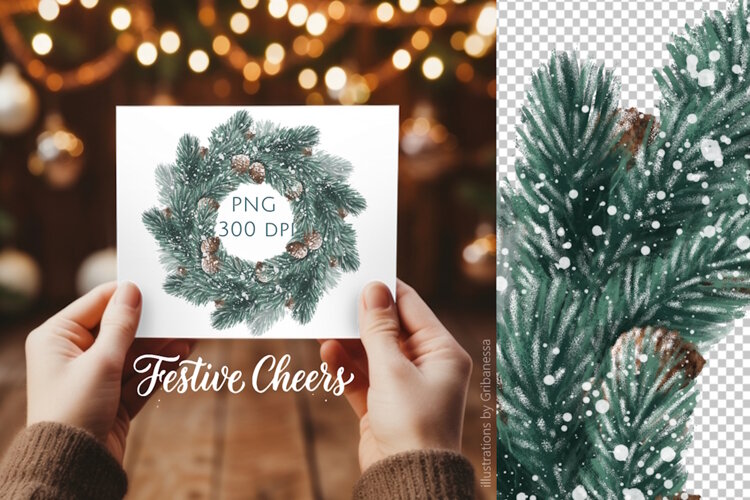 Christmas Pine Wreath PNG with Snow and Pinecones example image 1