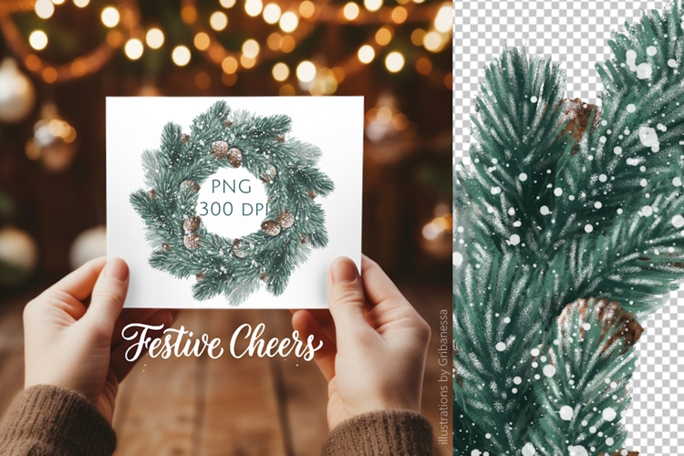 Christmas Pine Wreath PNG with Snow and Pinecones