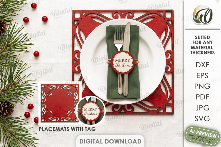 Christmas Placemat with Napkin Tag Laser Cut. Christmas SVG