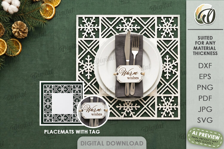 Christmas Placemat with Napkin Tag Laser Cut. Christmas SVG example image 1