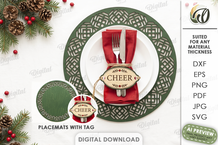 Christmas Placemat with Napkin Tag Laser Cut. Christmas SVG