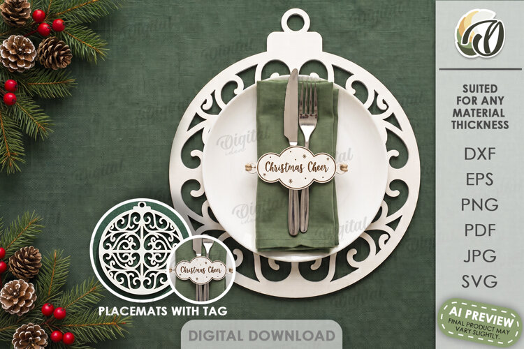 Christmas Placemat with Napkin Tag Laser Cut. Christmas SVG example image 1