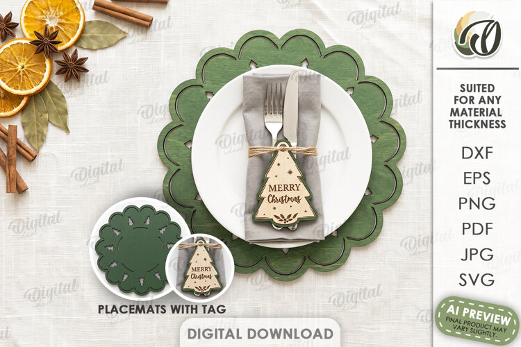Christmas Placemat with Napkin Tag Laser Cut. Christmas SVG example image 1