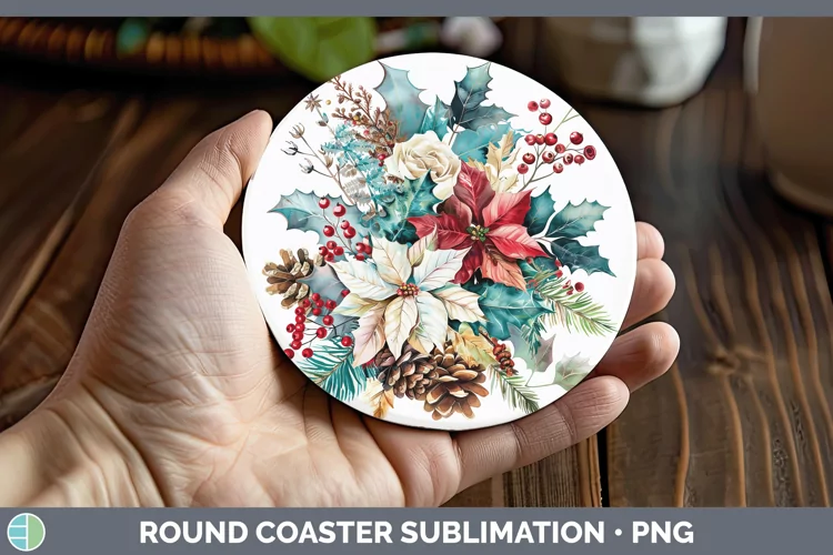 Christmas Poinsettia Round Coaster Sublimation Coaster Desig