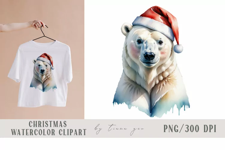 Watercolor Christmas polar bear in Santa hat clipart- 1 png