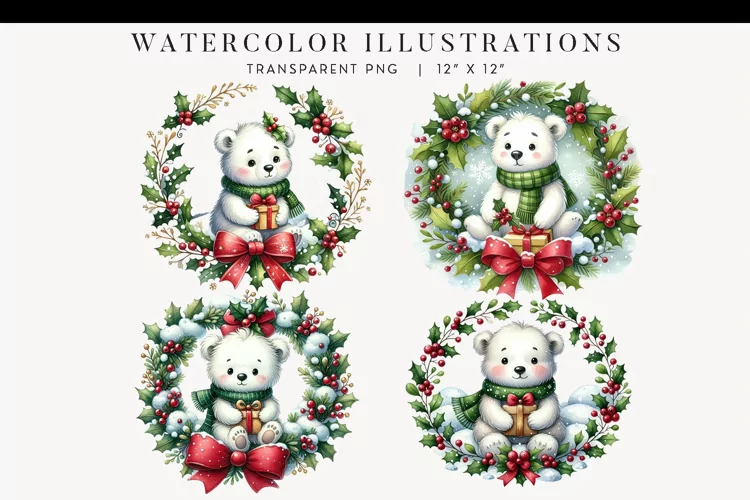 Christmas Polar Bears Watercolor Clipart