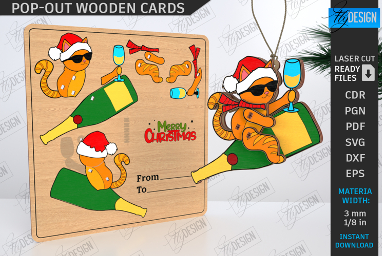 Christmas Pop-Out Card Laser Cut|3D Xmas Ornament SVG| Cat