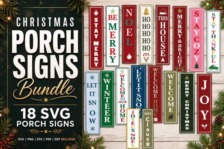 Christmas Porch Sign SVG Bundle 18 Vertical Designs