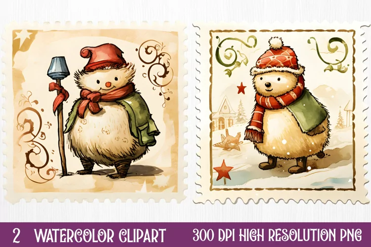 Christmas Postage Stamps Sublimation Clipart,