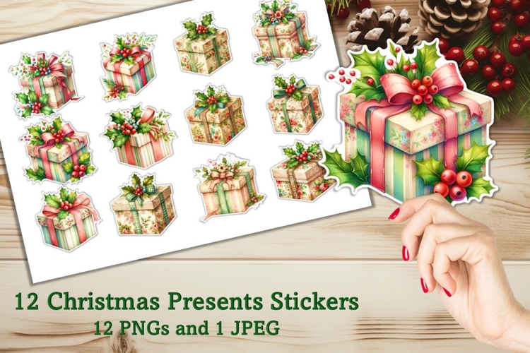 12 Christmas Presents Stickers JPEG and PNGs