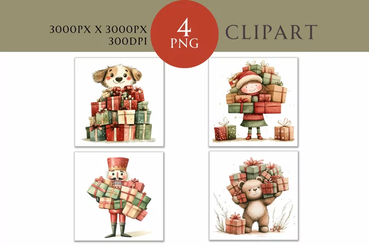 Christmas Presents Watercolor Clipart PNG