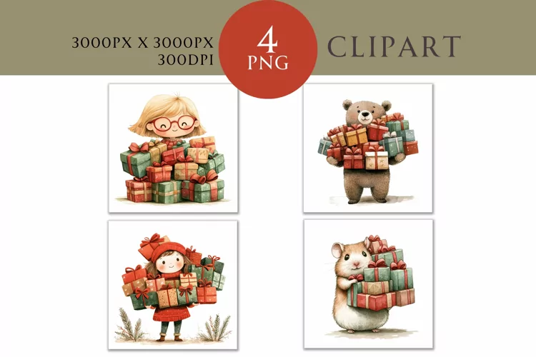 Christmas Presents Watercolor Clipart PNG